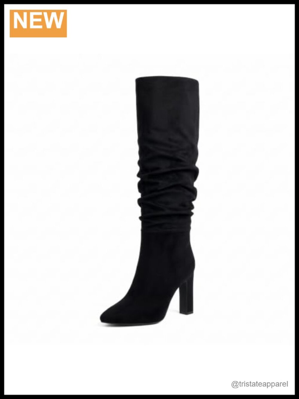 Knee High Boots Almond Toe Chunky Block High Heel Faux Suede Side Zipper